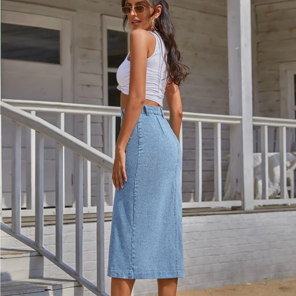 🎈HP🥳🎉 Light Wash Denim Button Front Midi Skirt High Slit Stretch Size Large - Picture 3 of 9